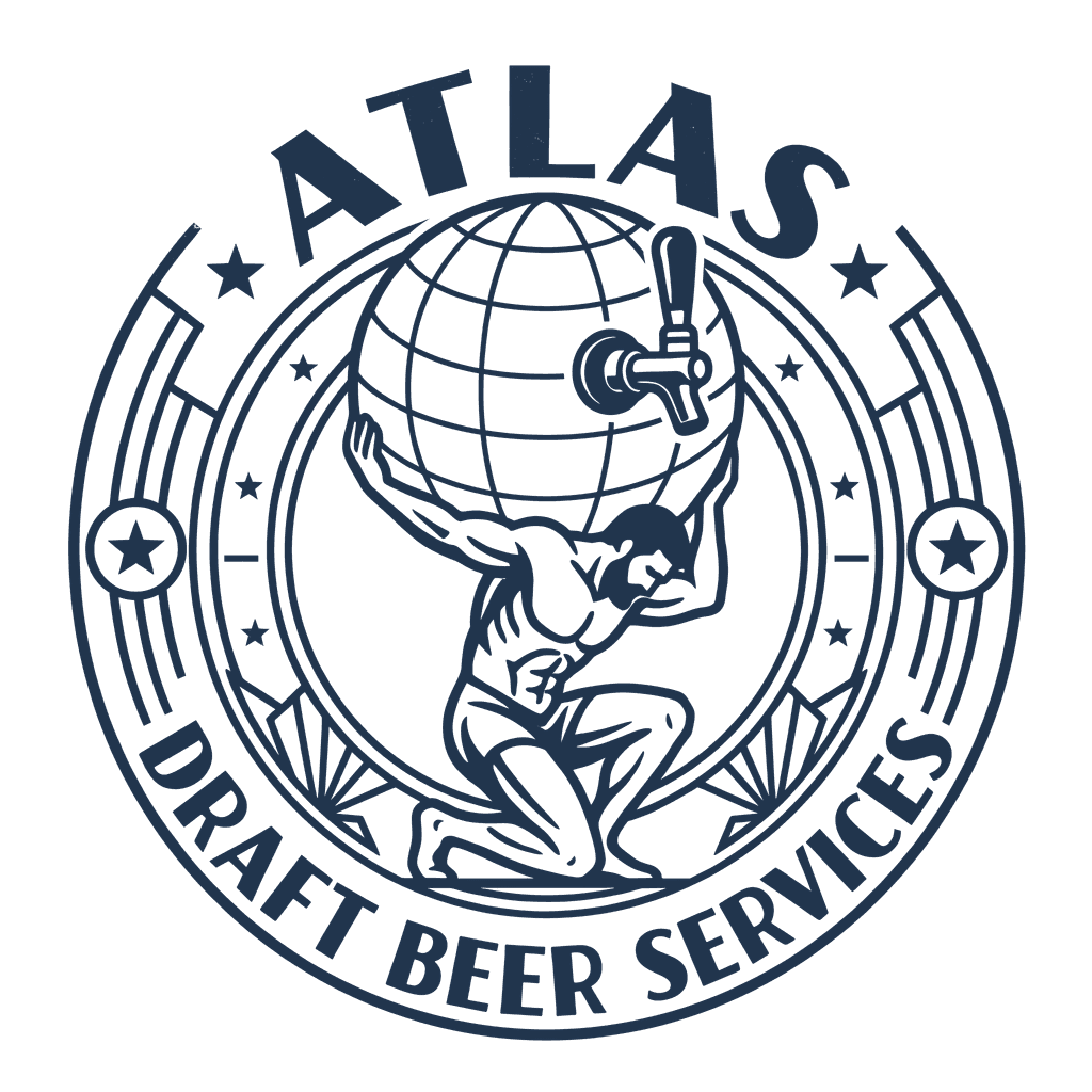Atlas Draft Beer Services badge: Atlas kneeling with a globe fitted with a beer tap on his shoulders